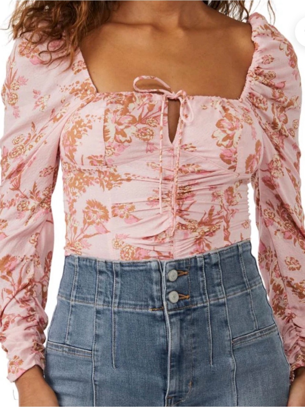 Free People Hilary Pink & Floral Printed Long Sleeve Boho Top
